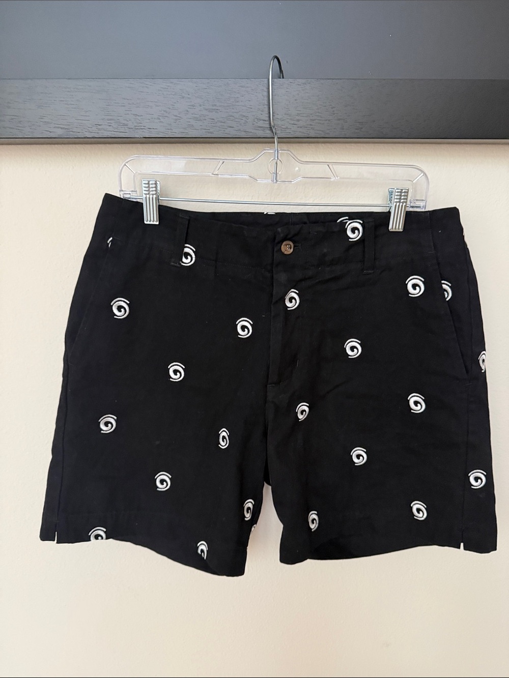 Men's Black Flat Front Shorts with White Spiral Print - Picture 2 of 8